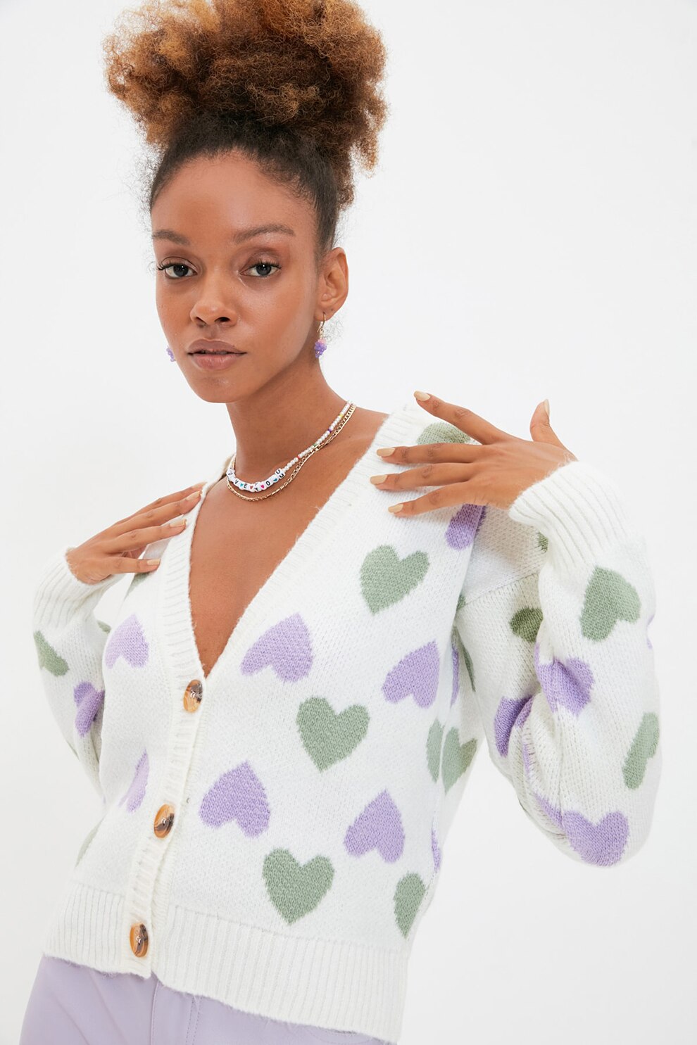 Trendyol, Cardigan cu model si maneci cazute, Alb/Verde feriga/Lila