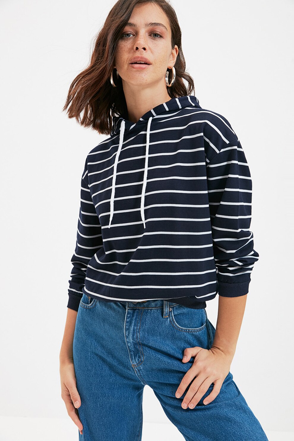 Trendyol, Hanorac cu model in dungi, bleumarin inchis, alb