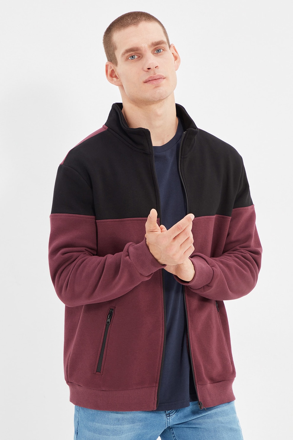 Trendyol, Bluza sport cu fermoar si model colorblock, Rosu stins