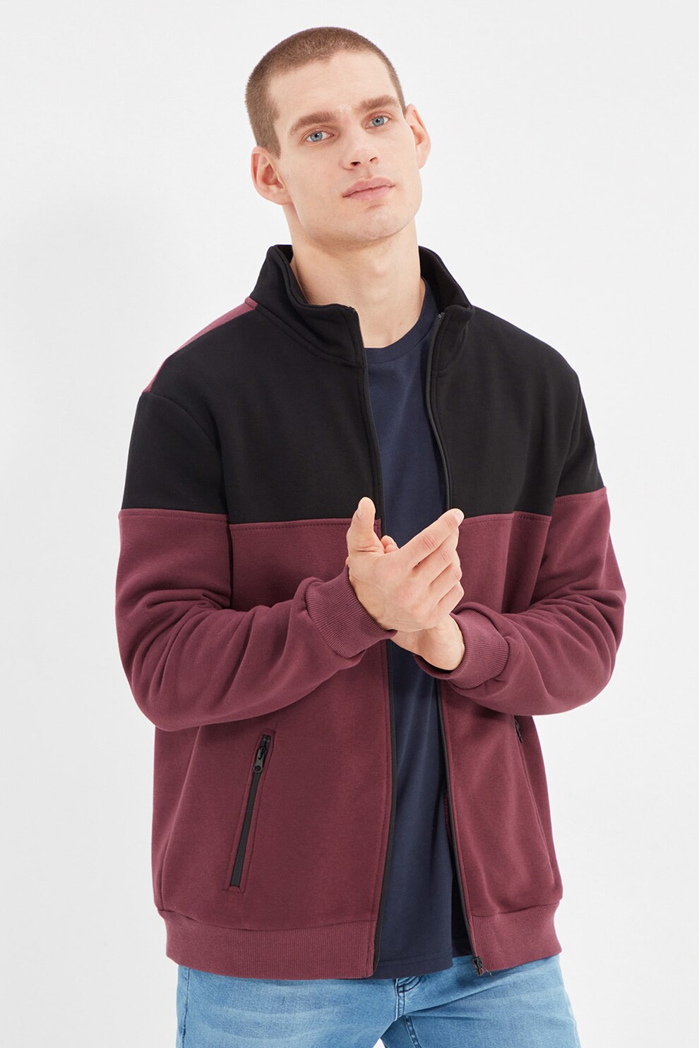 Trendyol, Bluza sport cu fermoar si model colorblock, Rosu stins