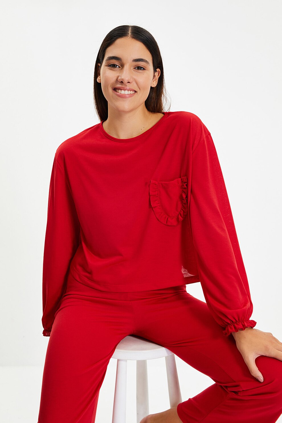 Trendyol, Pijama cu pantaloni lungi si buzunar pe piept, Rosu
