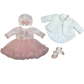 Rochita pentru botez fetite, 4 piese, Beatrice, Little Angel, roz somon, 3-6 luni Rochita pentru botez fetite, 4 piese, Beatrice, Little Angel, roz somon, 3-6 luni