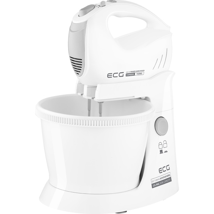 Mixer de mana cu bol rotativ ECG RSM 4052, 400 W, 3.5 L, 5 viteze, functie Turbo, alb