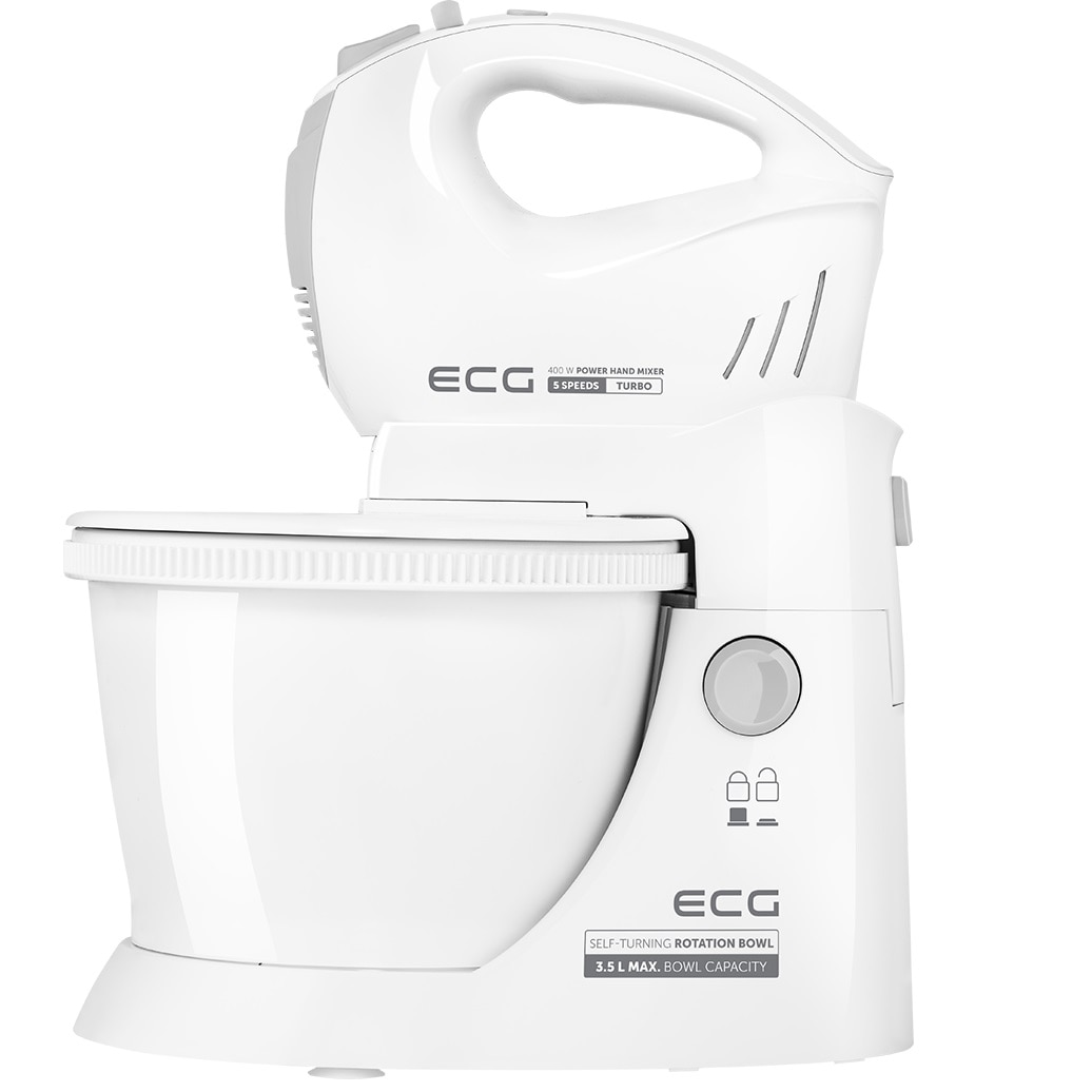 Mixer de mana cu bol ECG RSM 4052, 400 W, 3.5 L, 5 viteze, functie Turbo, alb