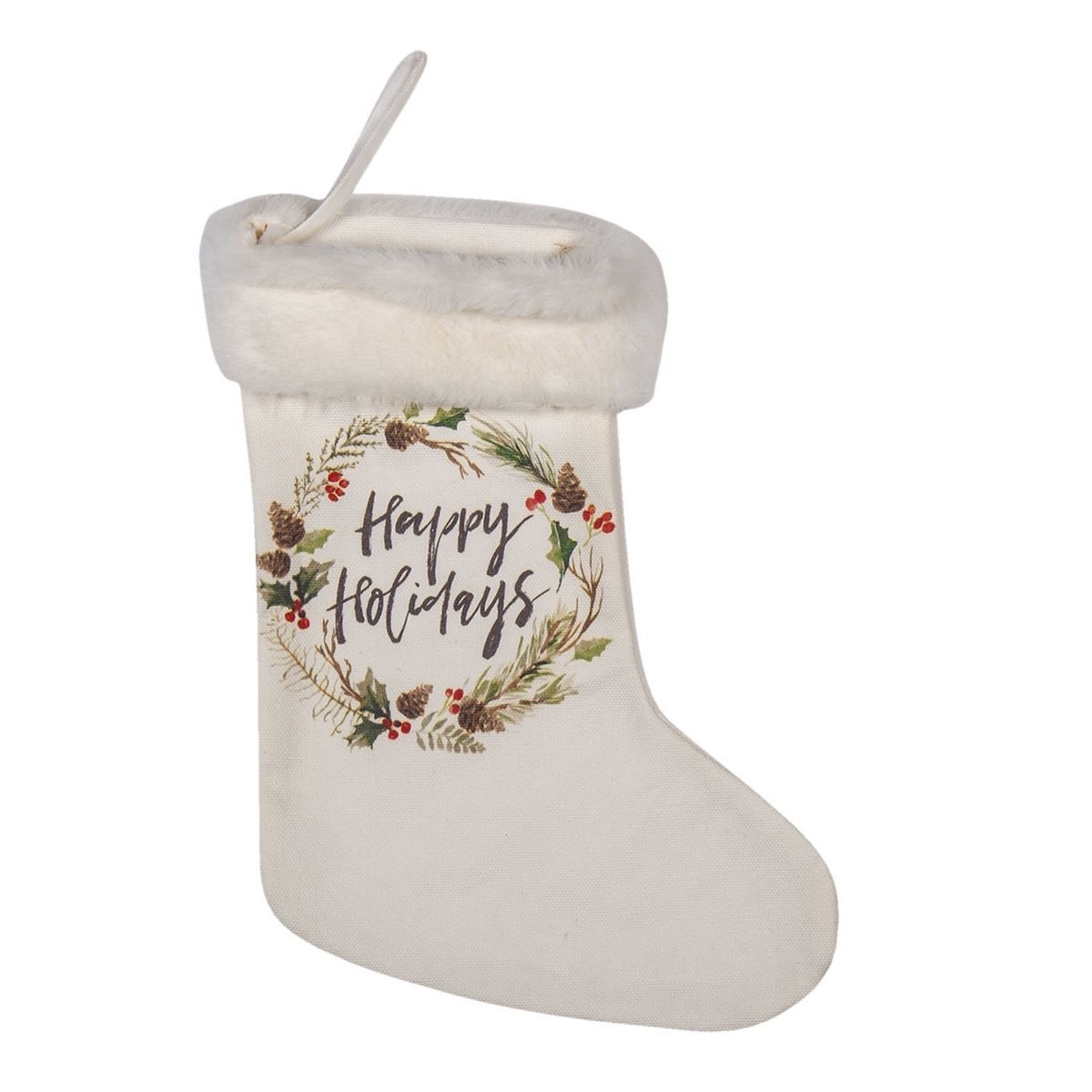 Ciorap Craciun din textil alb verde rosu model Happy Holidays 21x1x28 cm