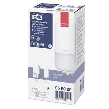 Pachet 1 x Dispenser prosoape hartie cu derulare centrala mini Tork Premium M1, alb, plastic si 1x prosop hartie mini M1,120 m, alb Pachet 1 x Dispenser prosoape hartie cu derulare centrala mini Tork Premium M1, alb, plastic si 1x prosop hartie mini M1,120 m, alb