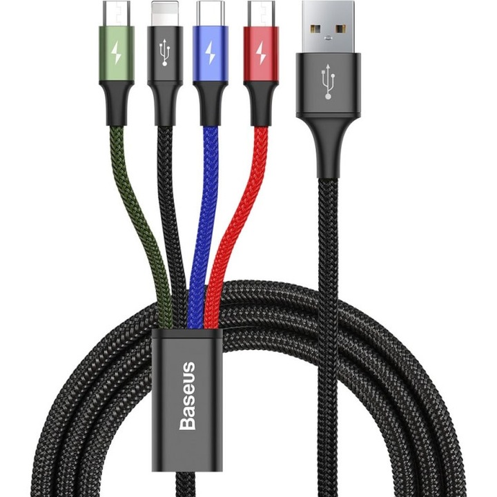 Cablu Date si Incarcare Baseus USB - tip Lightning / USB Type-C / 2 x MicroUSB, 1.2 m, 3.5A, CA1T4-C01, Negru