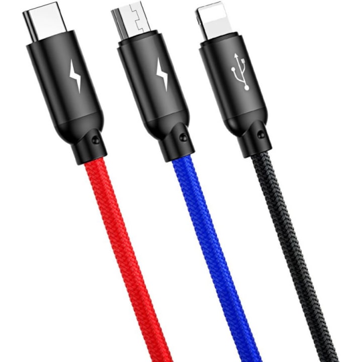 Baseus 3 az 1-ben USB-C / Lightning / Micro 3A 1,2 m-es USB-kábel, fekete