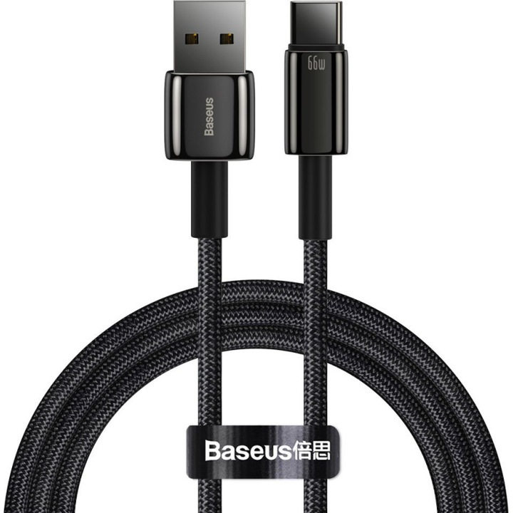 Cablu Date si Incarcare Baseus USB la USB Type-C Tungsten, 2 m, 66W, Quick Charge AFC FCP SCP, CATWJ-C01, Negru