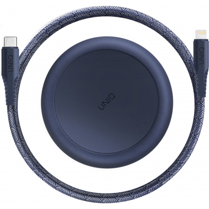Cablu Date si Incarcare UNIQ tip USB Type-C la tip Lightning Halo, 18W, Cu Organizator, 1.2 m, Albastru
