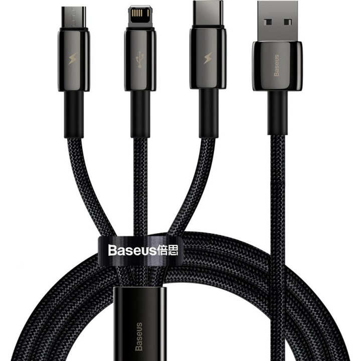 Baseus CAMLTWJ-01 töltő kábel, USB - Lightning / MicroUSB / USB-C, volfrám, 1,5 m, 3,5 A, fekete