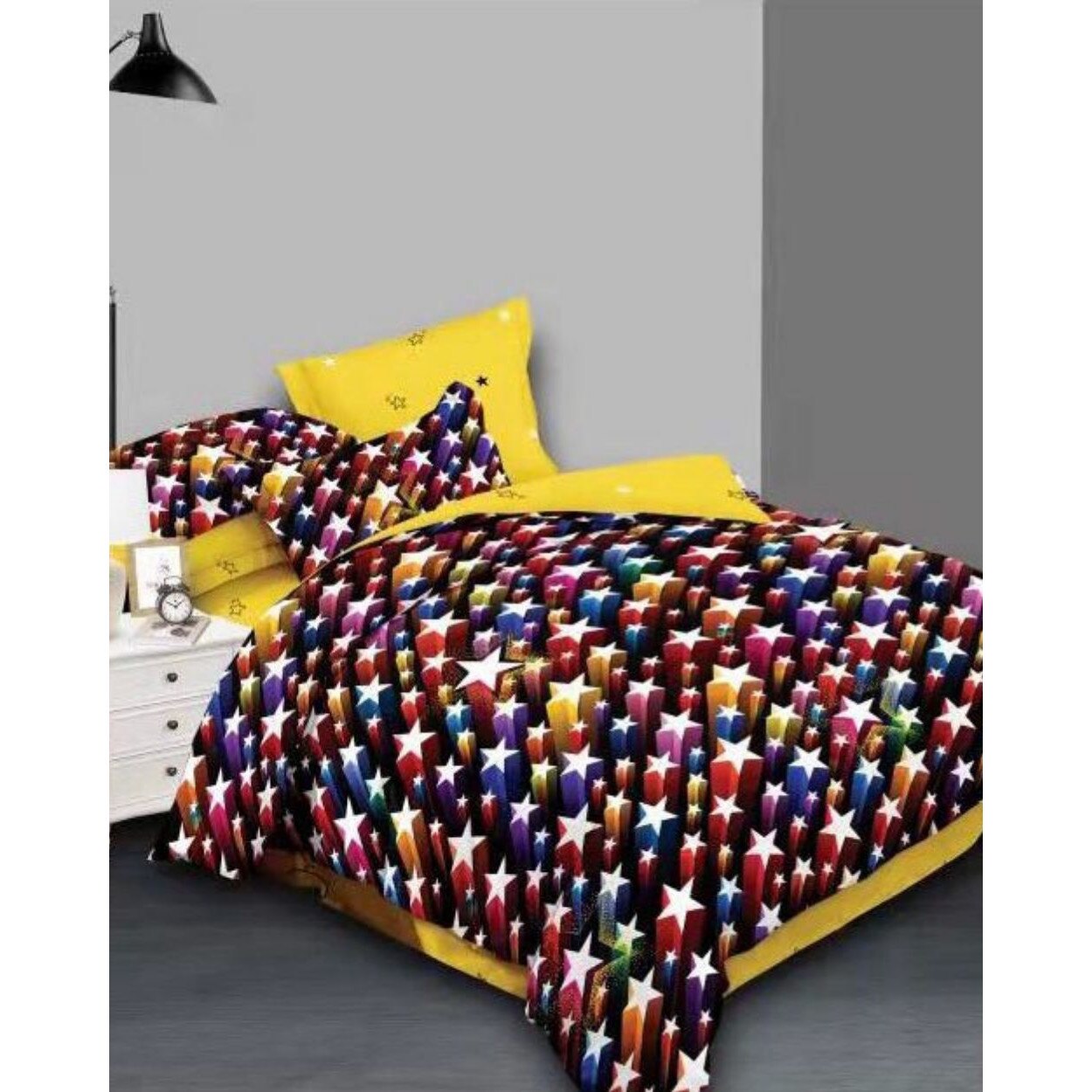 Set Lenjerie Finet Satinat, 6 Piese, Pat 2 Persoane, Multicolor Stars, FNY-261