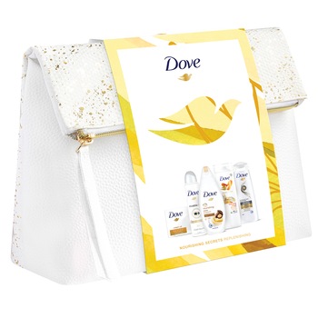 Set cadou Dove Nourishing Secrets: Gel de dus 250 ml + Deodorant 150 ml + Sampon Clarify & Hydrate 250 ml + Lotiune de corp Indulging 250 ml + Sapun solid 100 g + geanta cadou Set cadou Dove Nourishing Secrets: Gel de dus 250 ml + Deodorant 150 ml + Sampon Clarify & Hydrate 250 ml + Lotiune de corp Indulging 250 ml + Sapun solid 100 g + geanta cadou