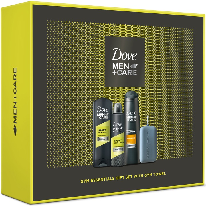 Комплект Dove Men+ Care Gym Essentials: Душ гел, 250 мл + Дезодорант, 150 мл + Шампоан против пърхот, 250 мл + Кърпа от микрофибър