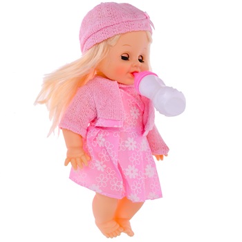 Papusa de jucarie cu caciula si rochita, sunete, bea apa si face pipi, 36 cm, roz Papusa de jucarie cu caciula si rochita, sunete, bea apa si face pipi, 36 cm, roz