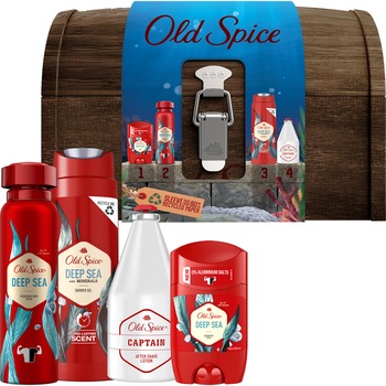 Set Cadou Old Spice Treasure Chest Deep Sea: Deodorant solid, 50 ml + Deodorant spray, 150 ml + Gel de dus, 250 ml + Captain Lotiune After Shave, 100 ml Set Cadou Old Spice Treasure Chest Deep Sea: Deodorant solid, 50 ml + Deodorant spray, 150 ml + Gel de dus, 250 ml + Captain Lotiune After Shave, 100 ml