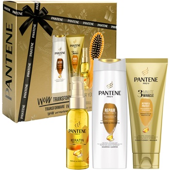 Set Cadou pentru ingrijirea parului Pantene Pro-V Repair&Protect: Sampon 250 ml + Balsam 3 Minute Miracle, 200 ml + Ulei de par, 100 ml + Perie de par Set Cadou pentru ingrijirea parului Pantene Pro-V Repair&Protect: Sampon 250 ml + Balsam 3 Minute Miracle, 200 ml + Ulei de par, 100 ml + Perie de par