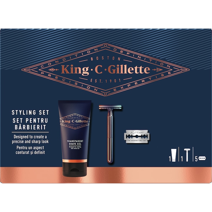 Подаръчен комплект за стилизиране King C. Gillette: Самобръсначка + 5 Ножчета резерва + Гел за бръснене, 150 мл