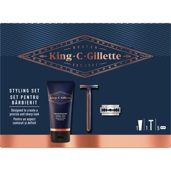 Set Cadou pentru stilizare King C. Gillette: Aparat de ras cu margine dubla + 5 Lame de rezerva + Gel de ras transparent, 150 ml Set Cadou pentru stilizare King C. Gillette: Aparat de ras cu margine dubla + 5 Lame de rezerva + Gel de ras transparent, 150 ml