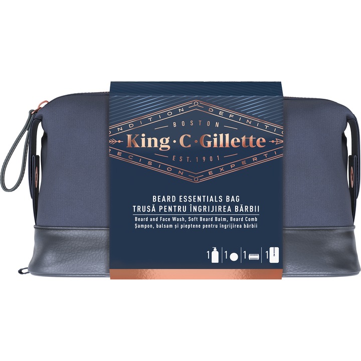Подаръчен комплект King C. Gillette: Почистващ гел за лице и брада 350 мл+ Балсам за брада, 100 мл + Гребен за брада Premium + Козметична чанта