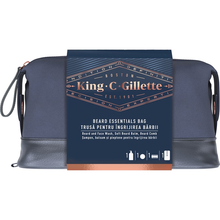 Set Cadou King C. Gillette produse esentiale pentru barba: Gel pentru curatarea fetei si a barbii, 350 ml + Balsam pentru barba, 100 ml + Pieptene Premium pentru barba + Geanta cosmetice