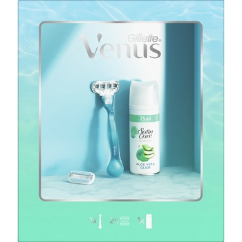 Set Cadou Venus Smooth: Aparat de ras pentru femei + 1 Lama de rezerva + Gel de ras Satin Care Sensitive Aloe Vera Glide, 75 ml Set Cadou Venus Smooth: Aparat de ras pentru femei + 1 Lama de rezerva + Gel de ras Satin Care Sensitive Aloe Vera Glide, 75 ml