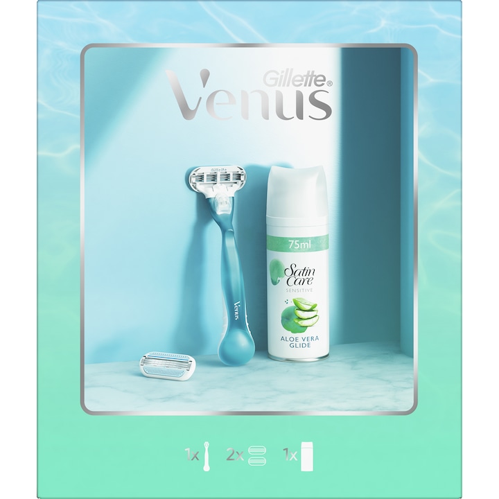 Gillette Venus Smooth ajándék szett, női borotva + 1 tartalék penge + Satin Care Sensitive Aloe Vera Glide borotvagél, 75 ml