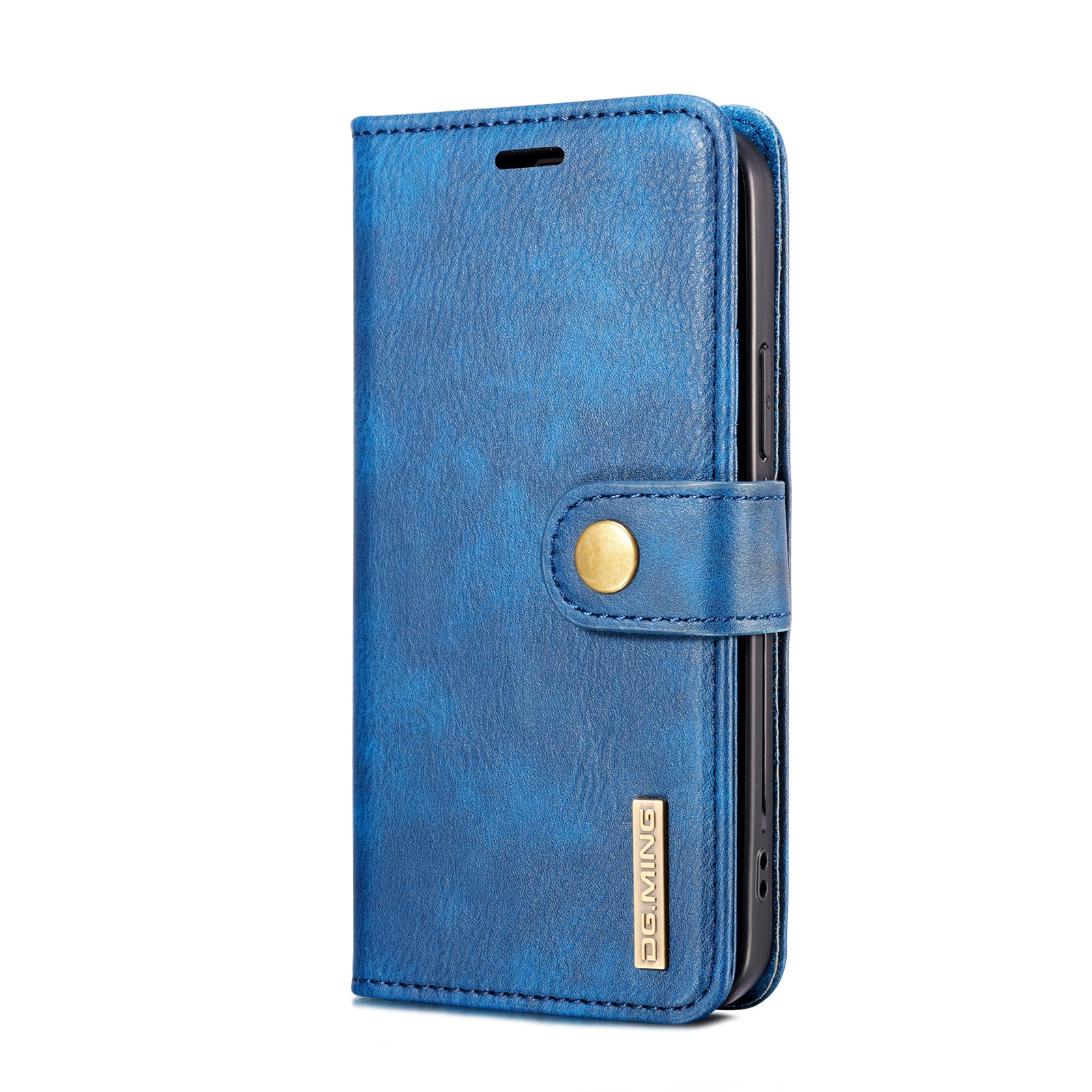 Husa pentru iPhone 12 Pro, iPhone 12, CaseMe, piele, 2 in 1, protectie superioara, inchidere cu capsa magnetica, tip portofel, back cover, stand, Albastru