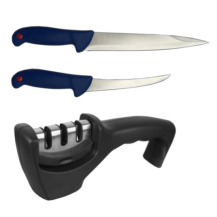 Set Profesional macelarie format din 2 Cutite pentru transat, inunghiat, otel inoxidabil si Ascutitor cutite 3 nivele intensitate