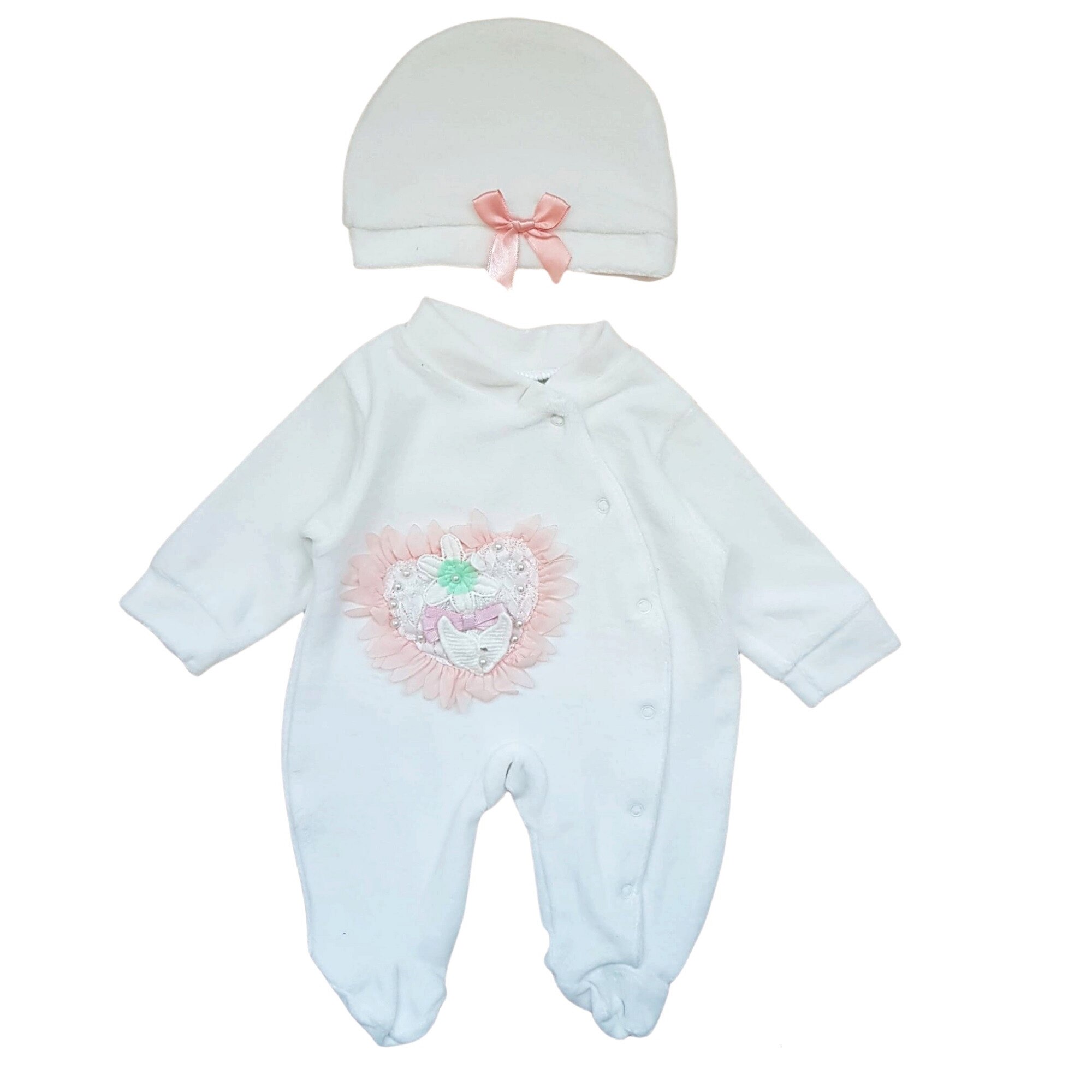 Salopeta bebe cu caciulita de catifea, broderie, varsta 0-2 luni, 56 cm, Alb