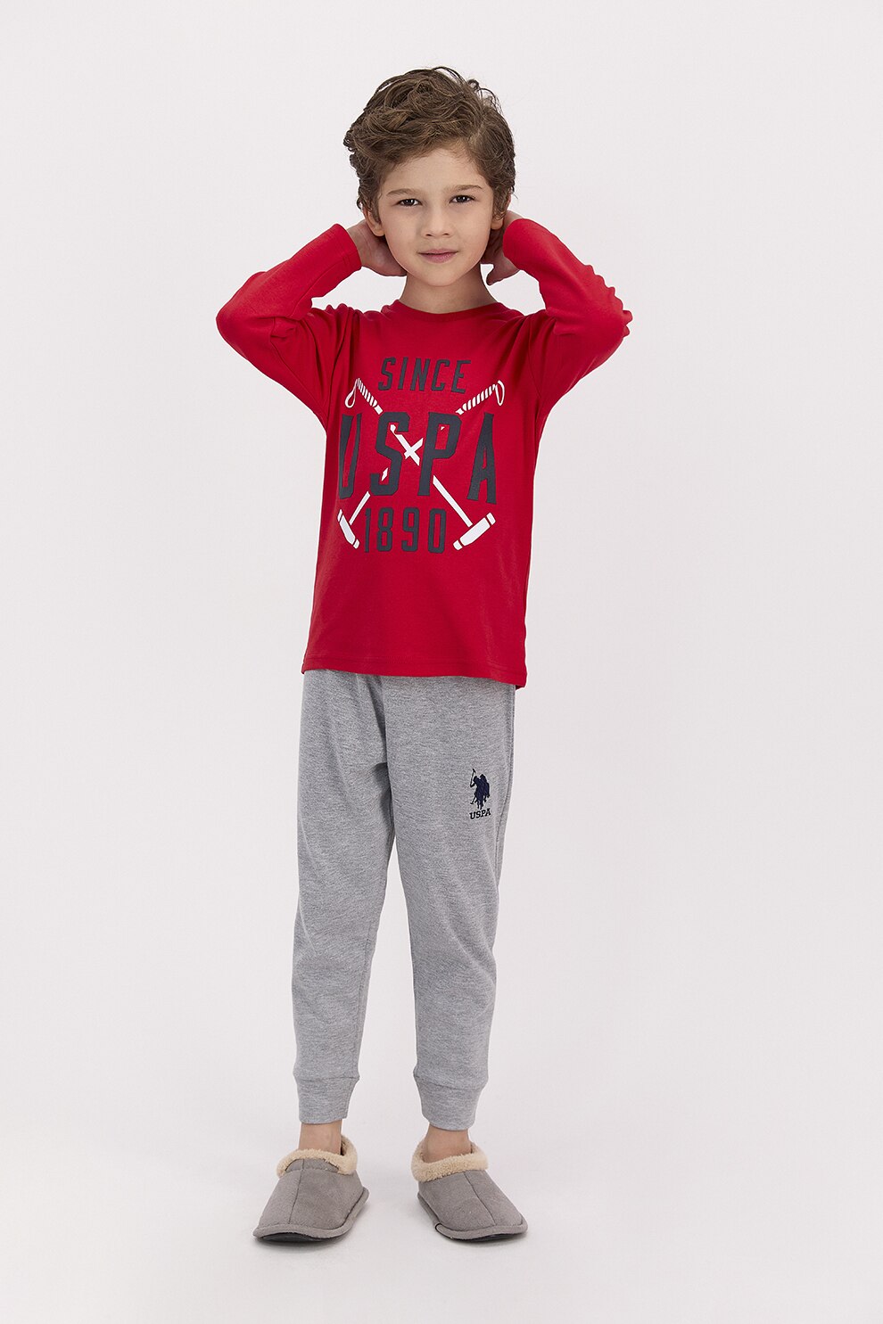 U.S. Polo Assn., Pijama cu decolteu la baza gatului si imprimeu logo, Rosu/Gri melange