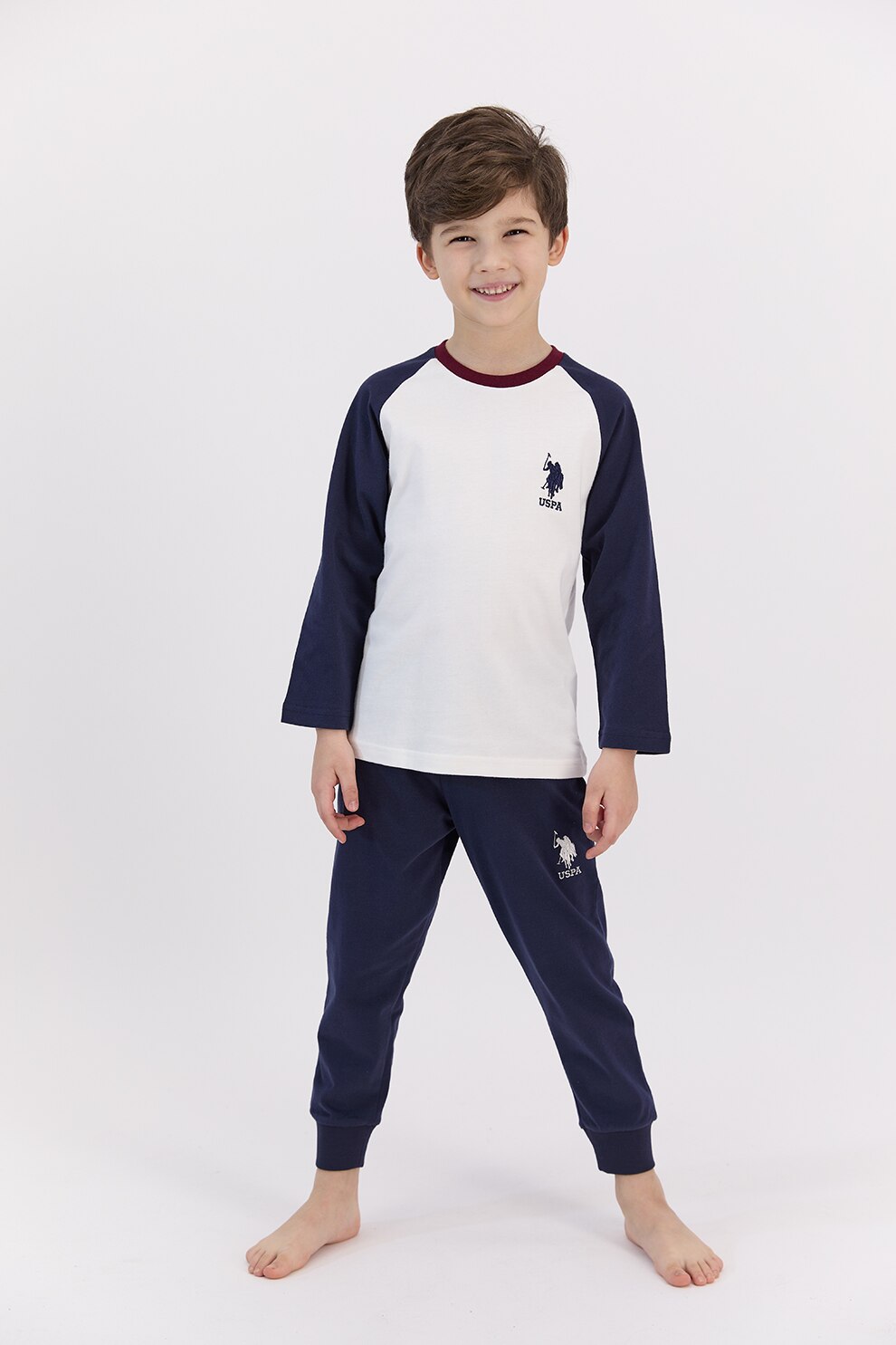 U.S. Polo Assn., Pijama lunga din bumbac cu maneci raglan, Bleumarin/Crem/Rosu Bordeaux, 110-116 CM