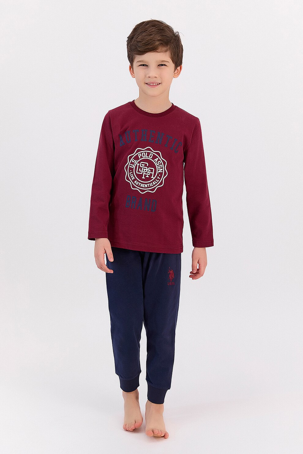 U.S. Polo Assn., Pijama lunga cu imprimeu logo, Bleumarin inchis/Rosu bordeaux/Alb