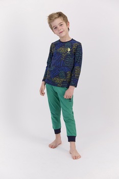 U.S. Polo Assn., Pijama lunga cu imprimeu logo, Bleumarin inchis/Verde/Galben U.S. Polo Assn., Pijama lunga cu imprimeu logo, Bleumarin inchis/Verde/Galben