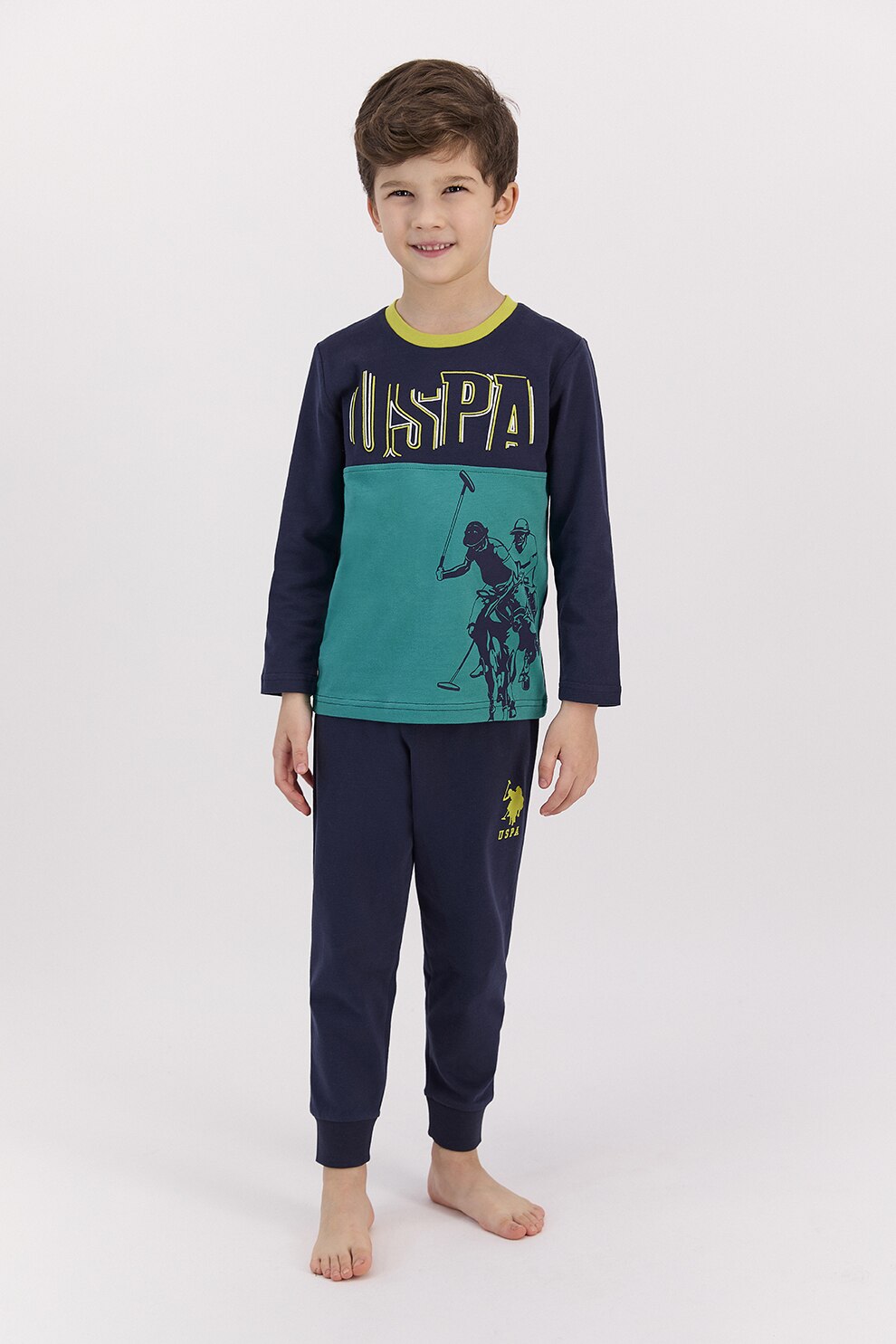 U.S. Polo Assn., Pijama cu imprimeu logo si decolteu la baza gatului, Bleumarin/Galben mustar