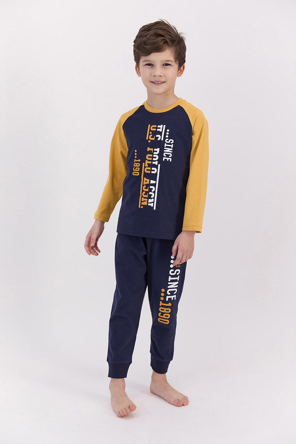 U.S. Polo Assn., Pijama lunga cu logo, Gri antracit/Galben sofran