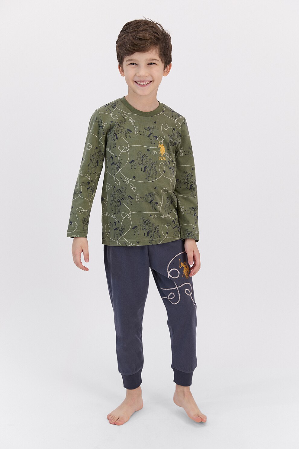 U.S. Polo Assn., Pijama din bumbac cu imprimeu, Verde militar/Bleumarin