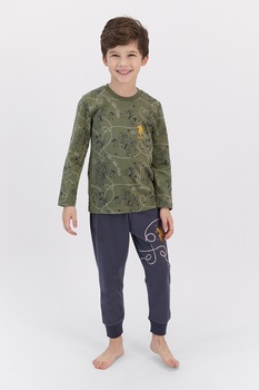 U.S. Polo Assn., Pijama din bumbac cu imprimeu, Verde militar/Bleumarin U.S. Polo Assn., Pijama din bumbac cu imprimeu, Verde militar/Bleumarin