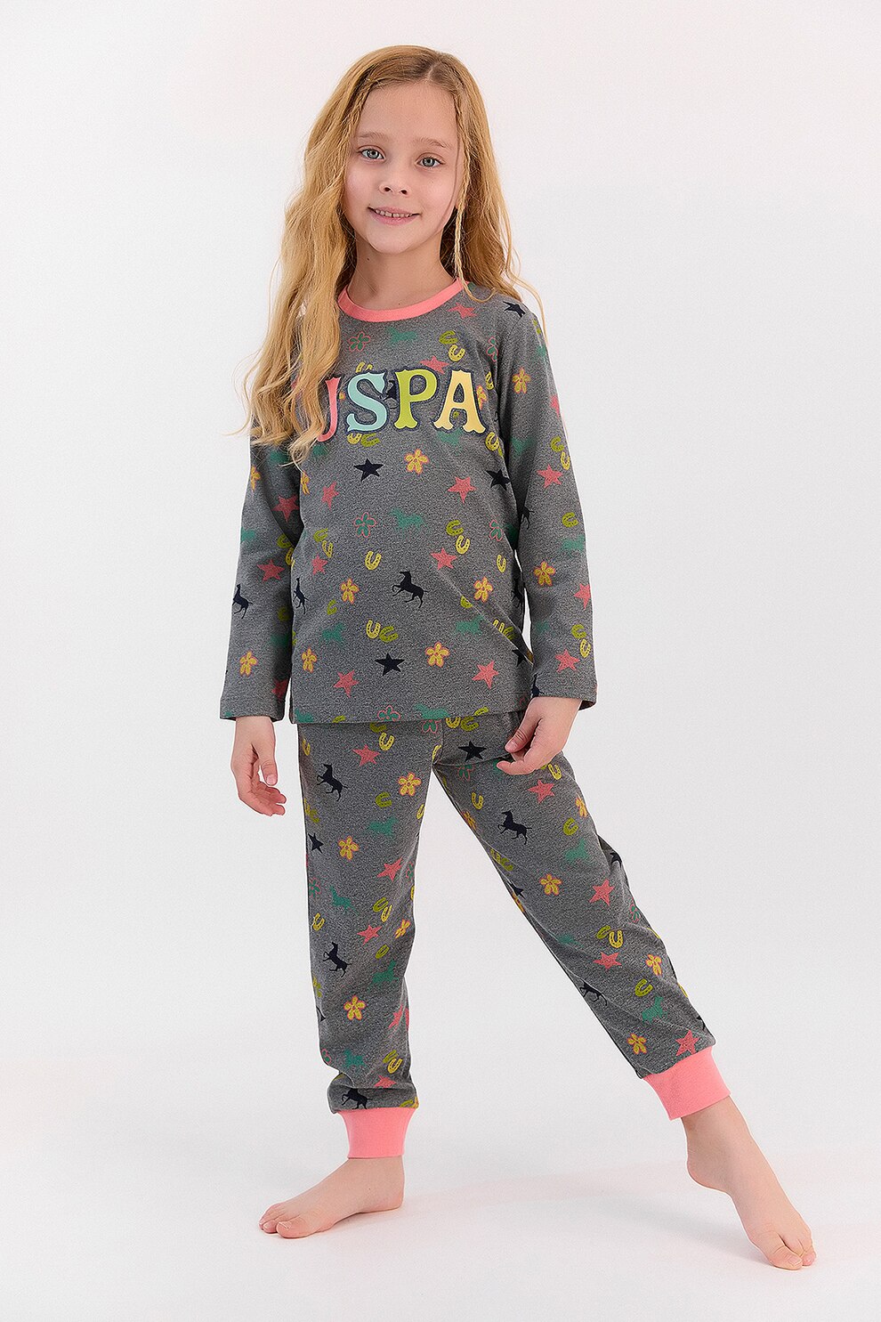 U.S. Polo Assn., Pijama din amestec de bumbac cu imprimeu, Gri inchis melange/Galben/Oranj