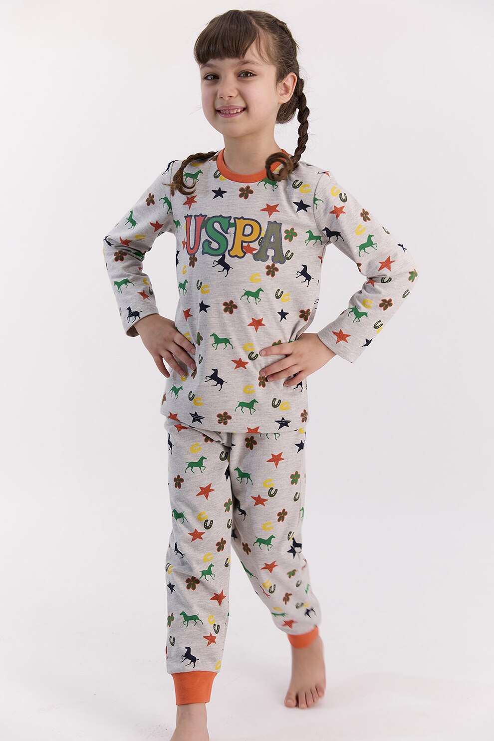 U.S. Polo Assn., Pijama din amestec de bumbac cu imprimeu, Gri melange/galben/oranj