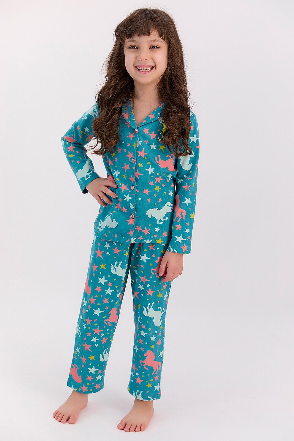 U.S. Polo Assn., Pijama cu imprimeu cu unicorn, Albastru inchis/Roz/Galben