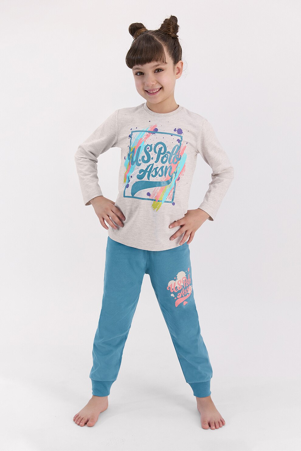 U.S. Polo Assn., Pijama cu imprimeu logo, Maro deschis melange/albastru inchis