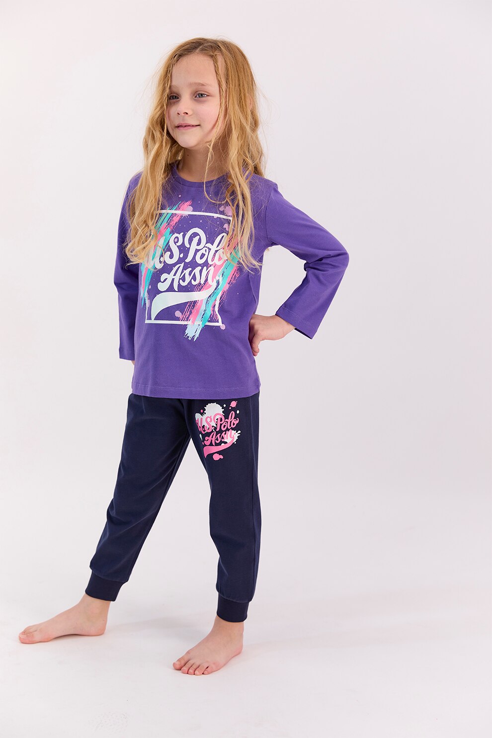 U.S. Polo Assn., Pijama lunga cu logo, Violet ametist/Bleumarin/Roz