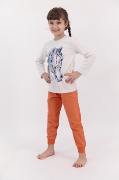 U.S. Polo Assn., Pijama cu imprimeu cu cai, Oranj/crem/albastru U.S. Polo Assn., Pijama cu imprimeu cu cai, Oranj/crem/albastru