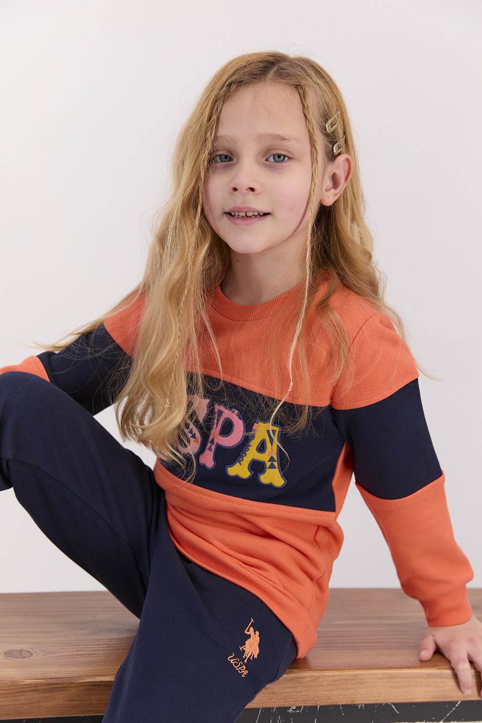 U.S. Polo Assn., Set de bluza si pantaloni sport cu logo - 2 piese, Oranj/Bleumarin inchis, 164-170 CM