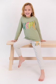 U.S. Polo Assn., Pijama din bumbac cu detaliu logo, Kaki/gri deschis melange U.S. Polo Assn., Pijama din bumbac cu detaliu logo, Kaki/gri deschis melange