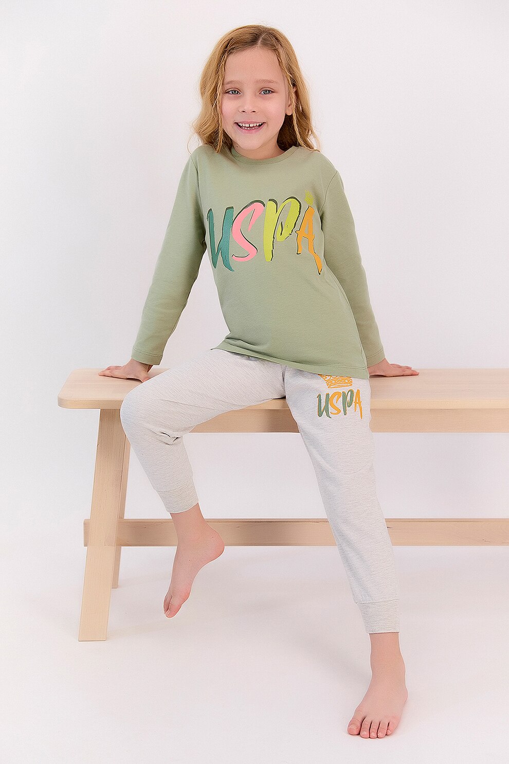U.S. Polo Assn., Pijama din bumbac cu detaliu logo, Kaki/gri deschis melange