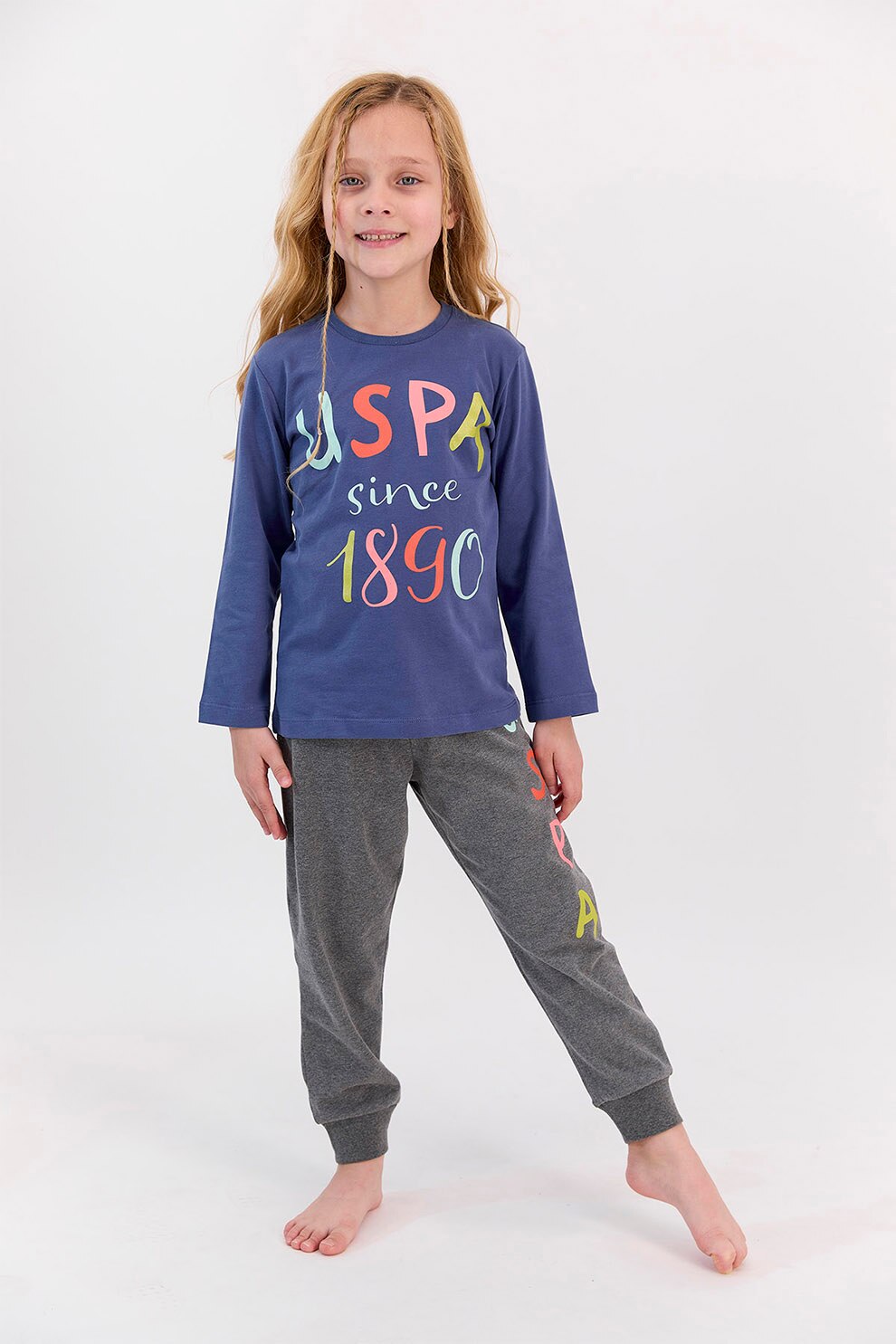 U.S. Polo Assn., Pijama din amestec de bumbac cu logo, Bleumarin/Gri inchis melange/Roz
