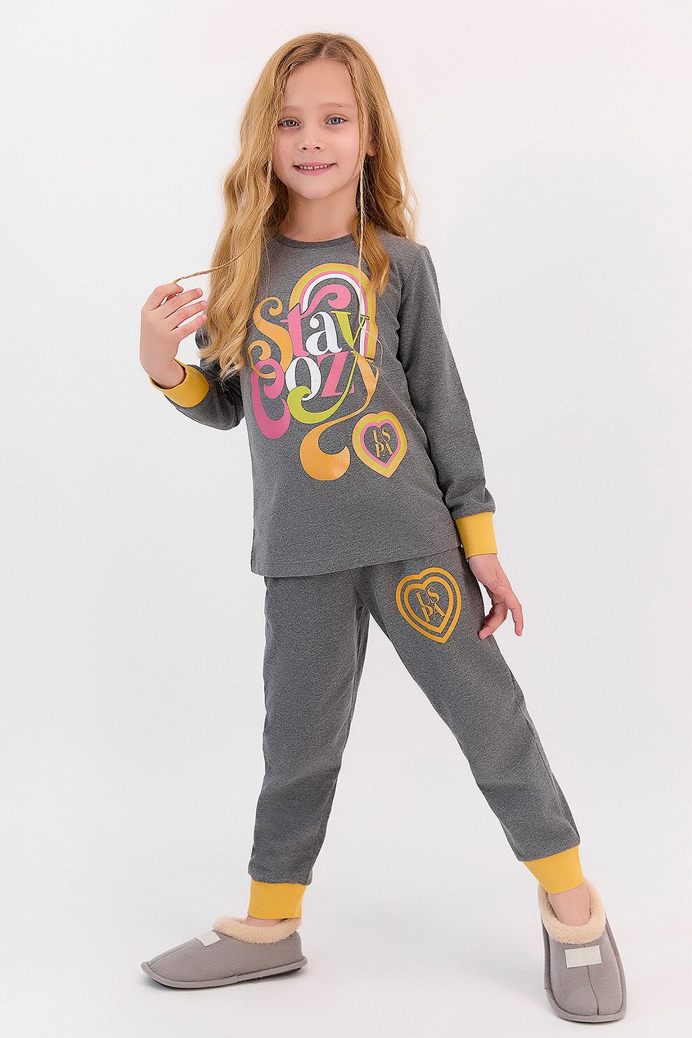 U.S. Polo Assn., Pijama cu maneci lungi si mansete contrastante, Gri inchis melange/Oranj pal/ Roz