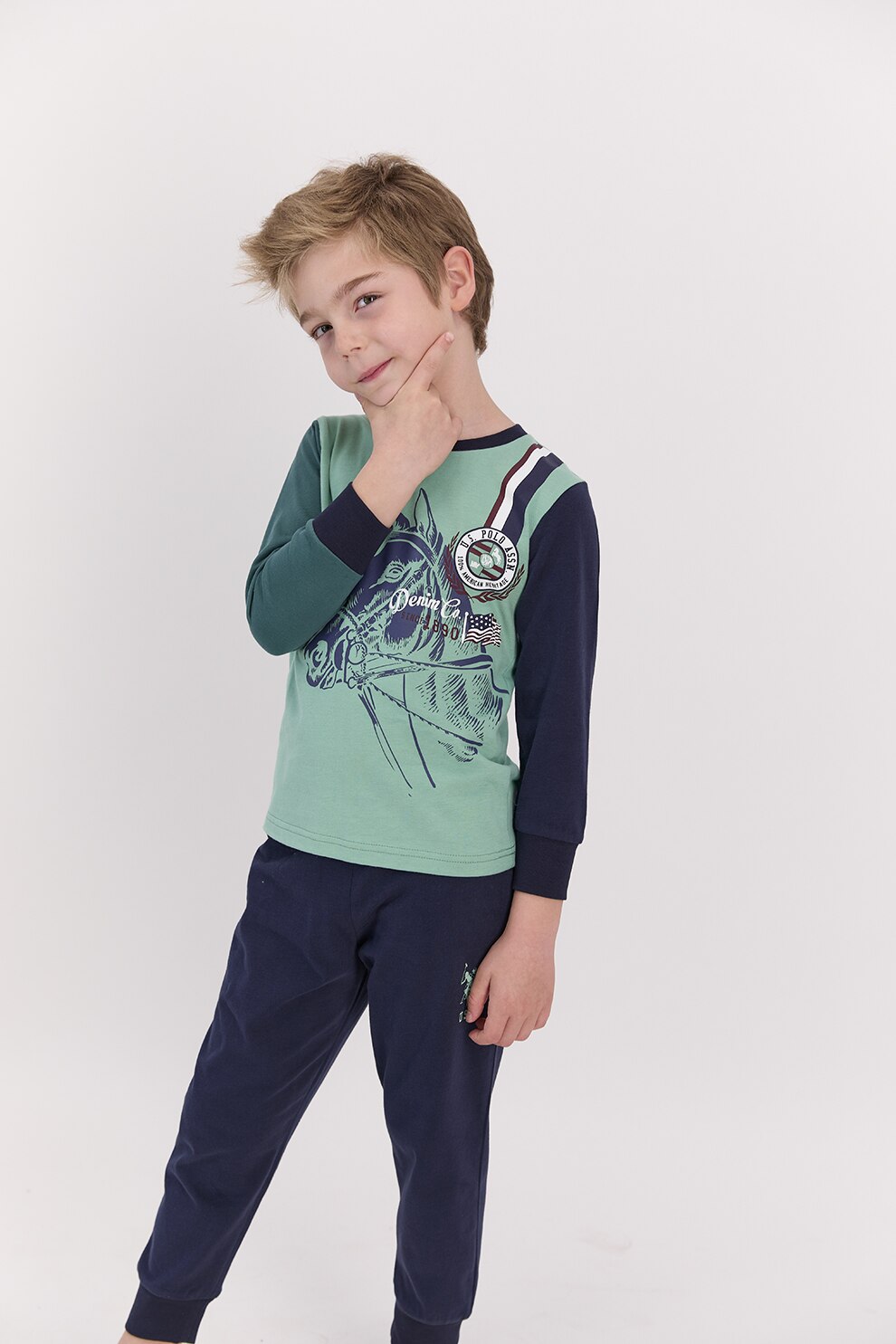 U.S. Polo Assn., Pijama din amestec de bumbac cu imprimeu, Bleumarin/Verde menta/Alb